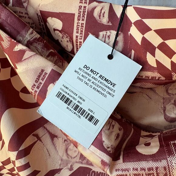 NEW Miaou Dress Ginger Red Wanted Magazine Print Draped Mini Dress Size L - Picture 6 of 10